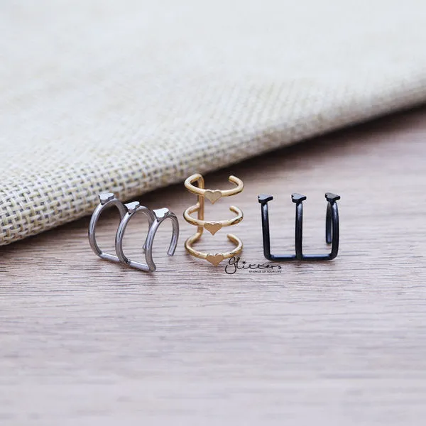 316L Surgical Steel Triple Lines with Heart on the Top Ear Cuffs - Non Piercing | Minimalist Ear Cuffs