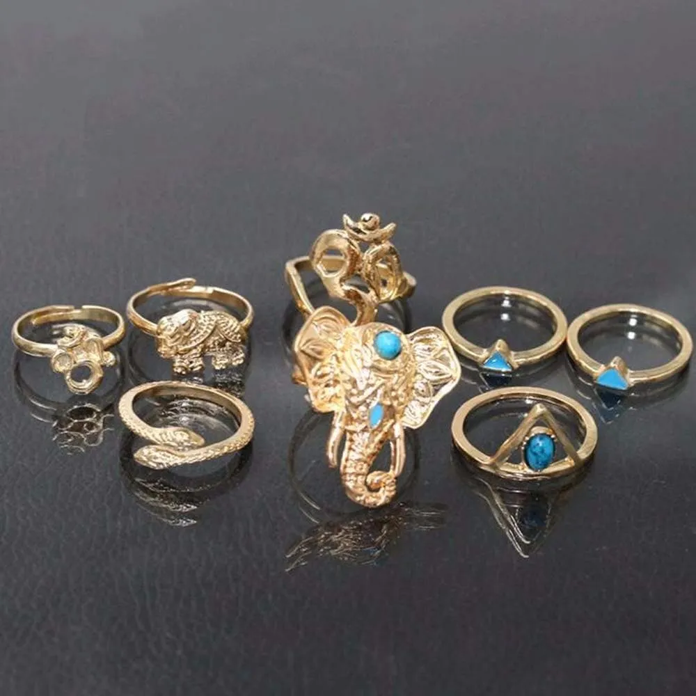 8pcs Boho Retro Elephant Snake Blue Rings