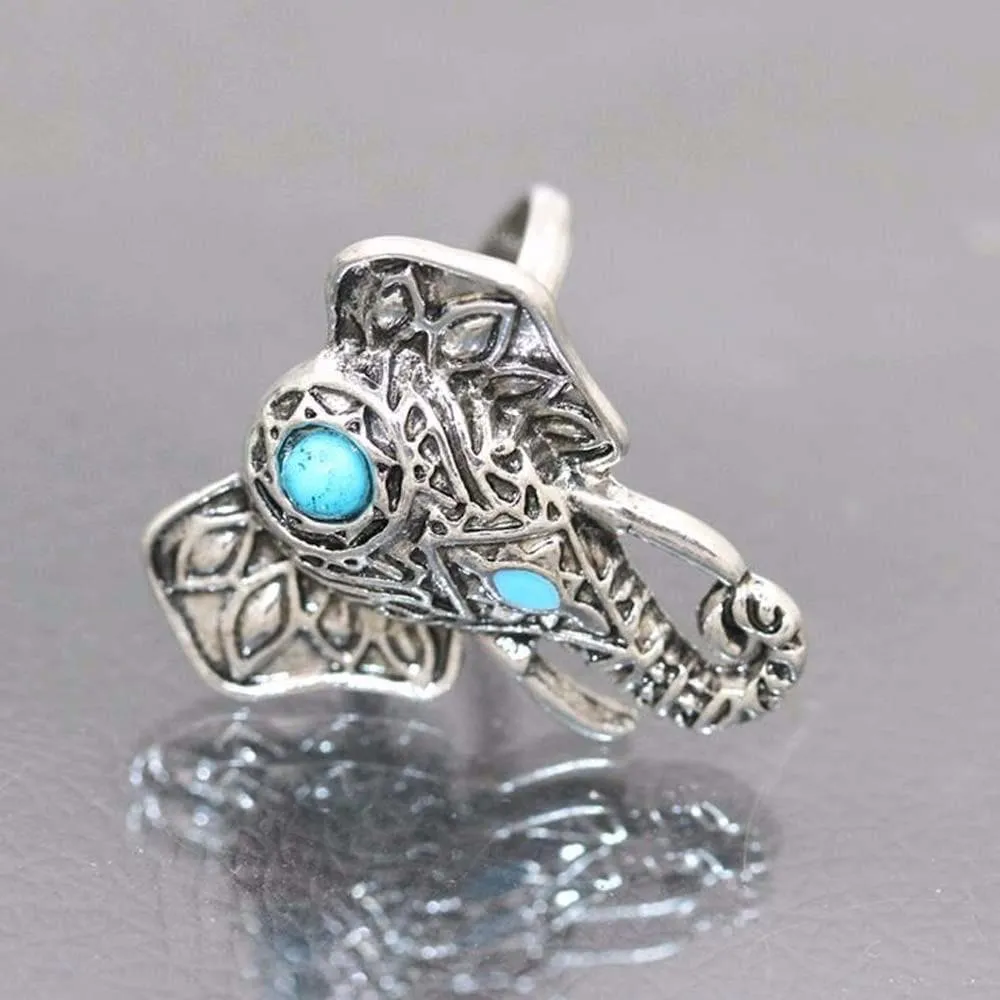 8pcs Boho Retro Elephant Snake Blue Rings