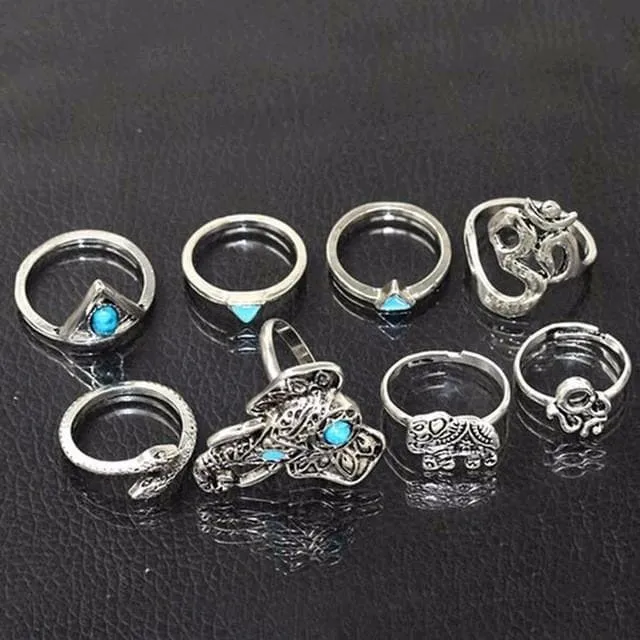 8pcs Boho Retro Elephant Snake Blue Rings