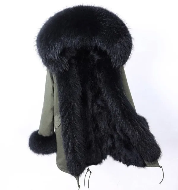 Army Green Natural Raccoon Fur Collar and Hood Women's Winter Jacket