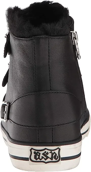 Ash Valko Black Fur Lined Buckle Strap High Top Sneakers Ankle Leather Bootie