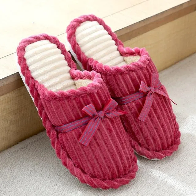 Autumn Winter Women's Thick Bottom Non-slip Bowknot Indoor House Slippers