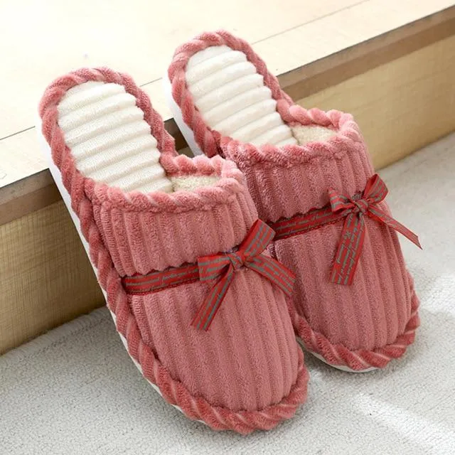 Autumn Winter Women's Thick Bottom Non-slip Bowknot Indoor House Slippers