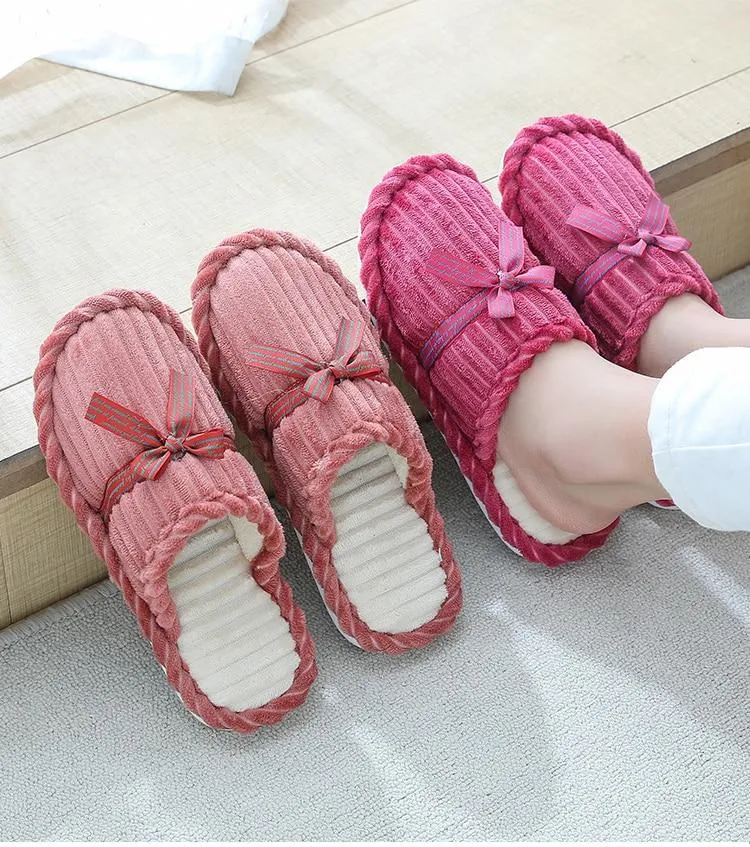 Autumn Winter Women's Thick Bottom Non-slip Bowknot Indoor House Slippers