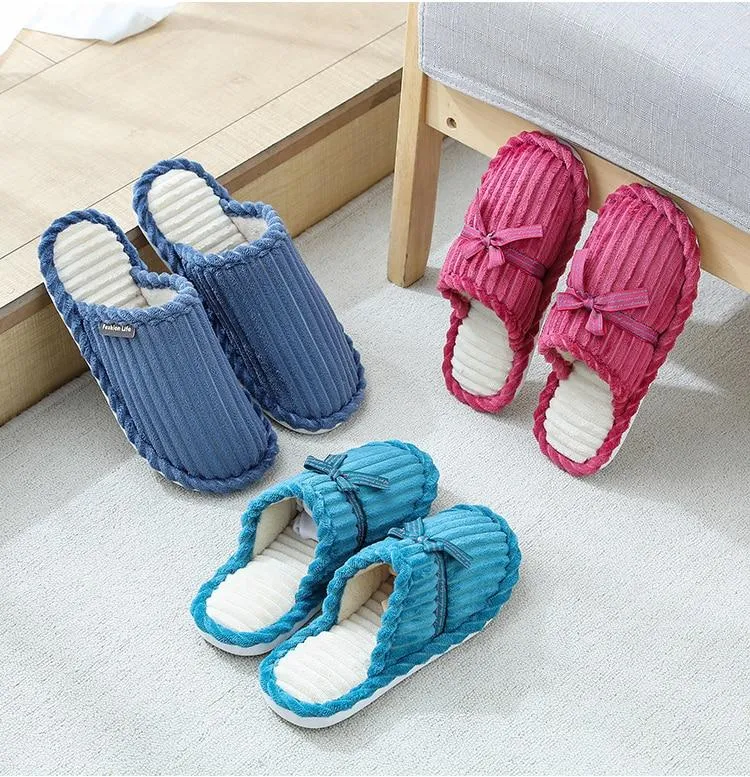 Autumn Winter Women's Thick Bottom Non-slip Bowknot Indoor House Slippers