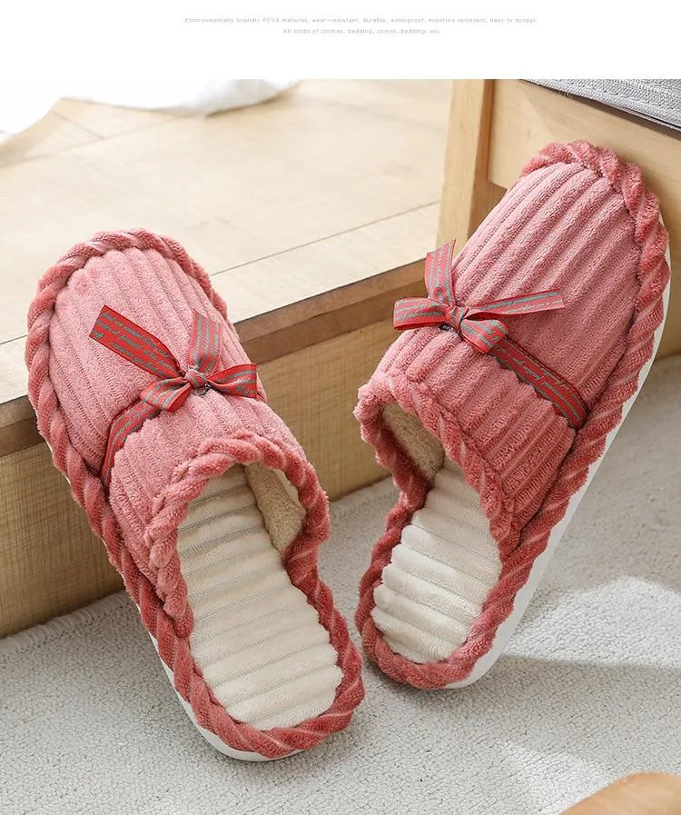 Autumn Winter Women's Thick Bottom Non-slip Bowknot Indoor House Slippers