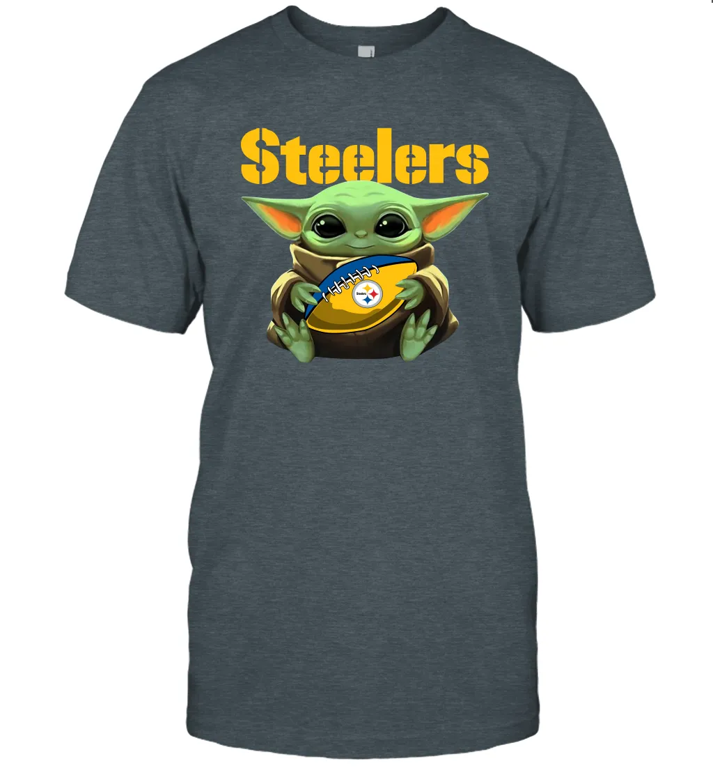 Baby Yoda Loves The Pittsburgh Steelers Star Wars Baby Yoda Hugs Steelers NFL Mens T-Shirt