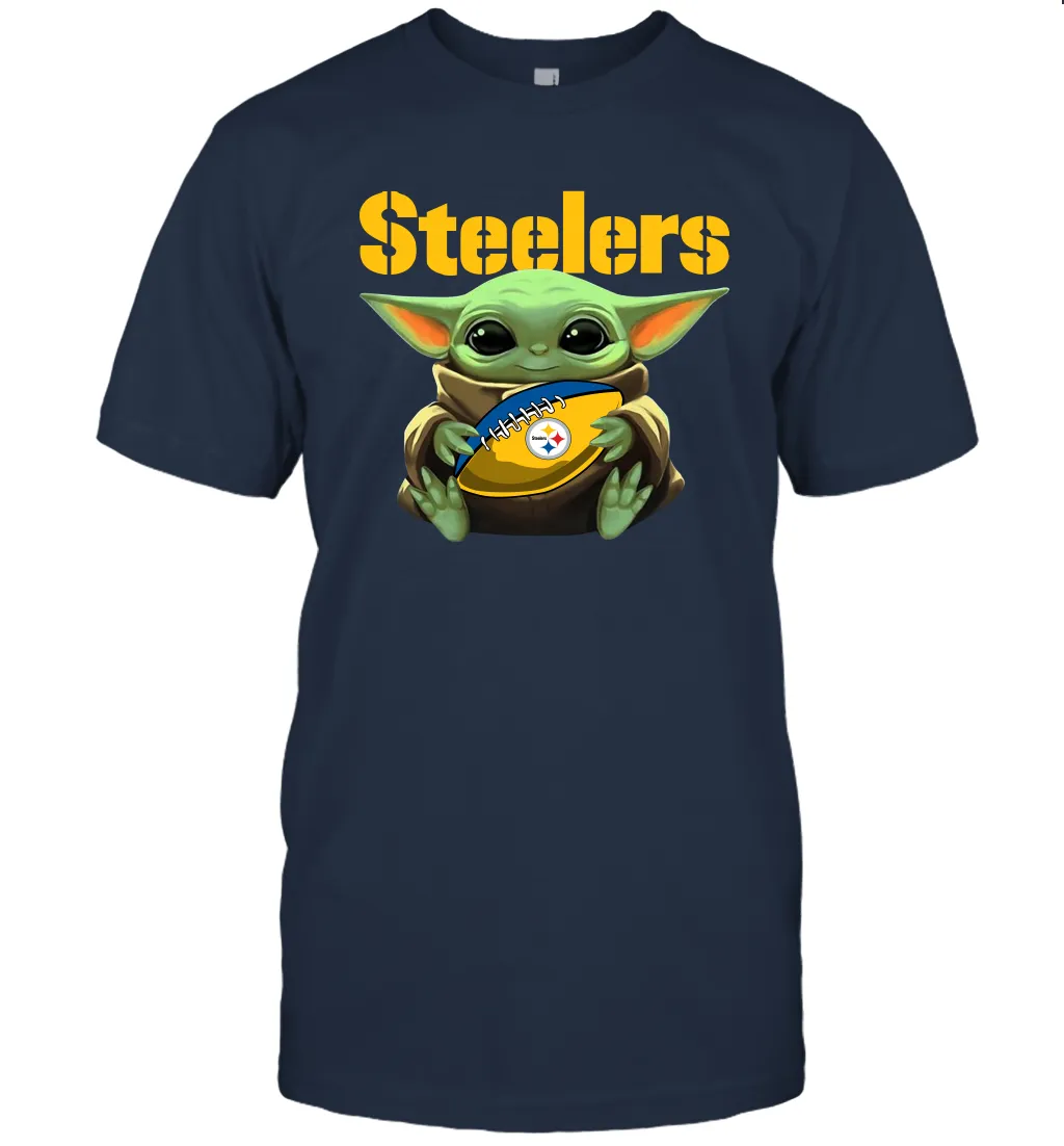 Baby Yoda Loves The Pittsburgh Steelers Star Wars Baby Yoda Hugs Steelers NFL Mens T-Shirt