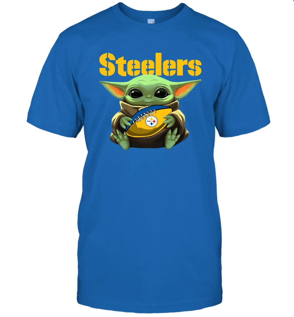 Baby Yoda Loves The Pittsburgh Steelers Star Wars Baby Yoda Hugs Steelers NFL Mens T-Shirt