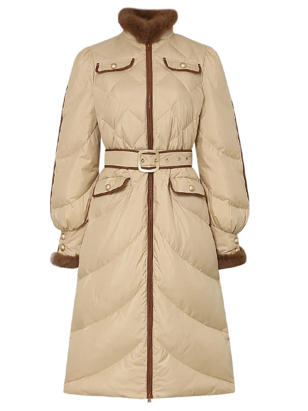 Belted Puff Sleeve Rabbit Fur Down Coat