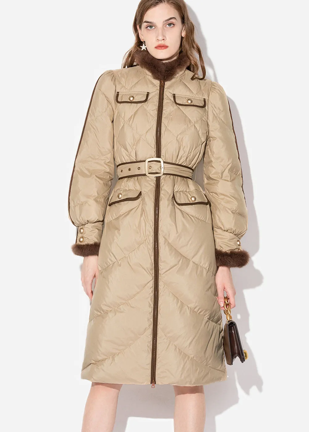 Belted Puff Sleeve Rabbit Fur Down Coat