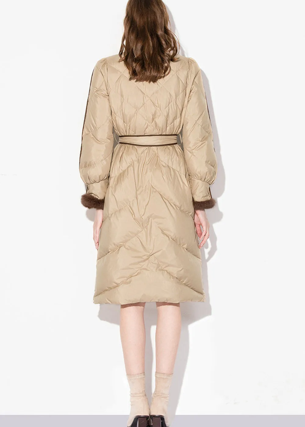 Belted Puff Sleeve Rabbit Fur Down Coat