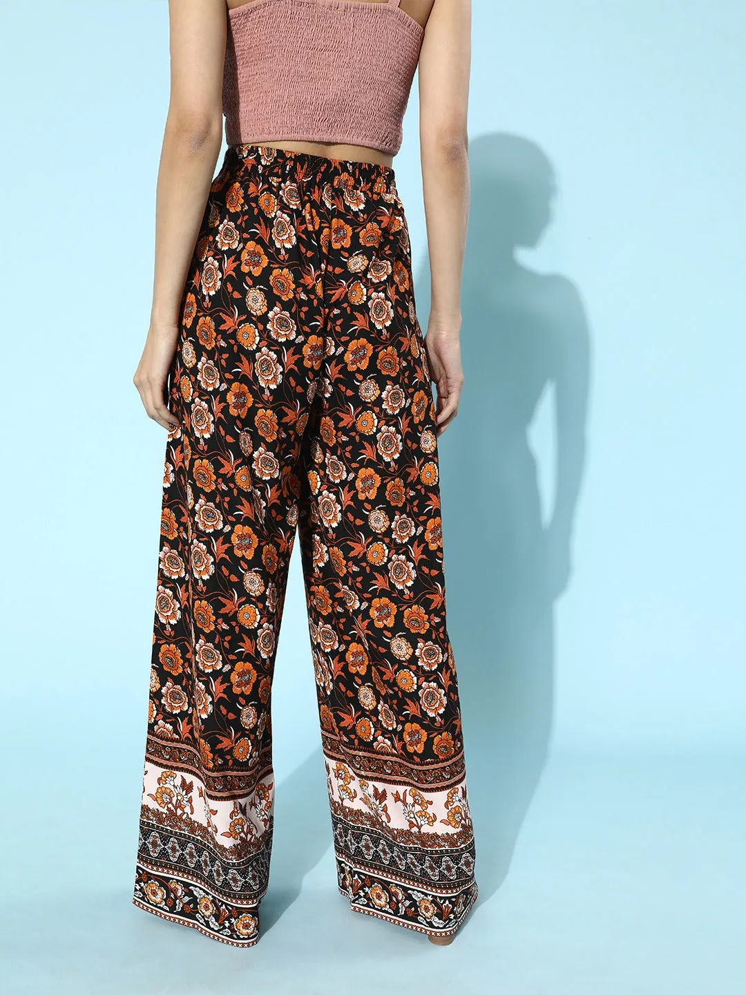 Berrylush Women Black Floral Printed High-Rise Wide-Leg Parallel Trousers