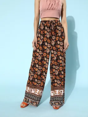 Berrylush Women Black Floral Printed High-Rise Wide-Leg Parallel Trousers