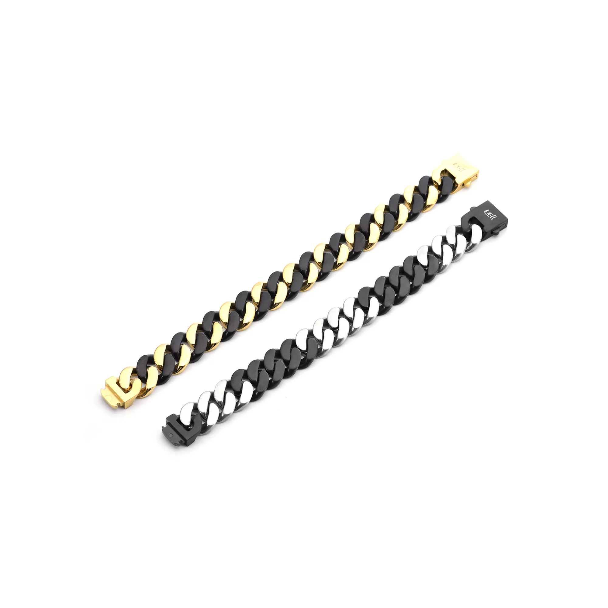 BG160BW B.Tiff Black Anodized & Stainless Steel Flat Cuban Link Bracelet