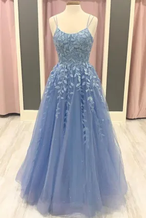 Blue A-Line Prom Dress with Lace Appliques, PD2303034