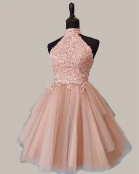 Blush Halter Tulle Homecoming Dress Lace Embroidery