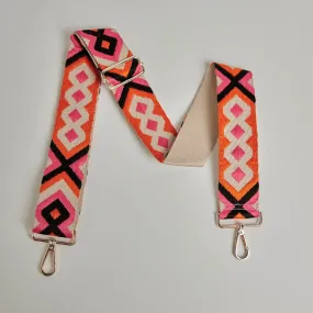 Crossbody Strap - Orange and Pink Bohemian Print (Silver Hardware)