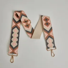 Crossbody Strap -  Pink and Grey Bohemian Print (Gold Hardware)