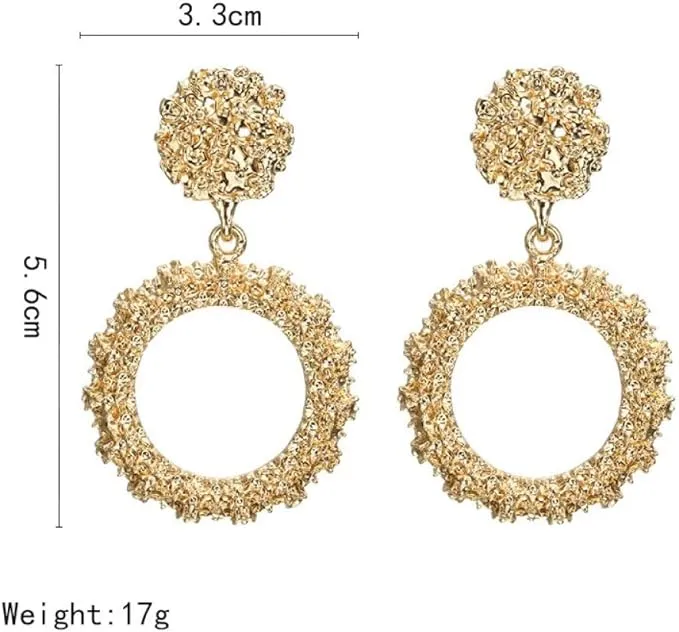 Dangle Drop Gold Textured Circle Stud Earrings