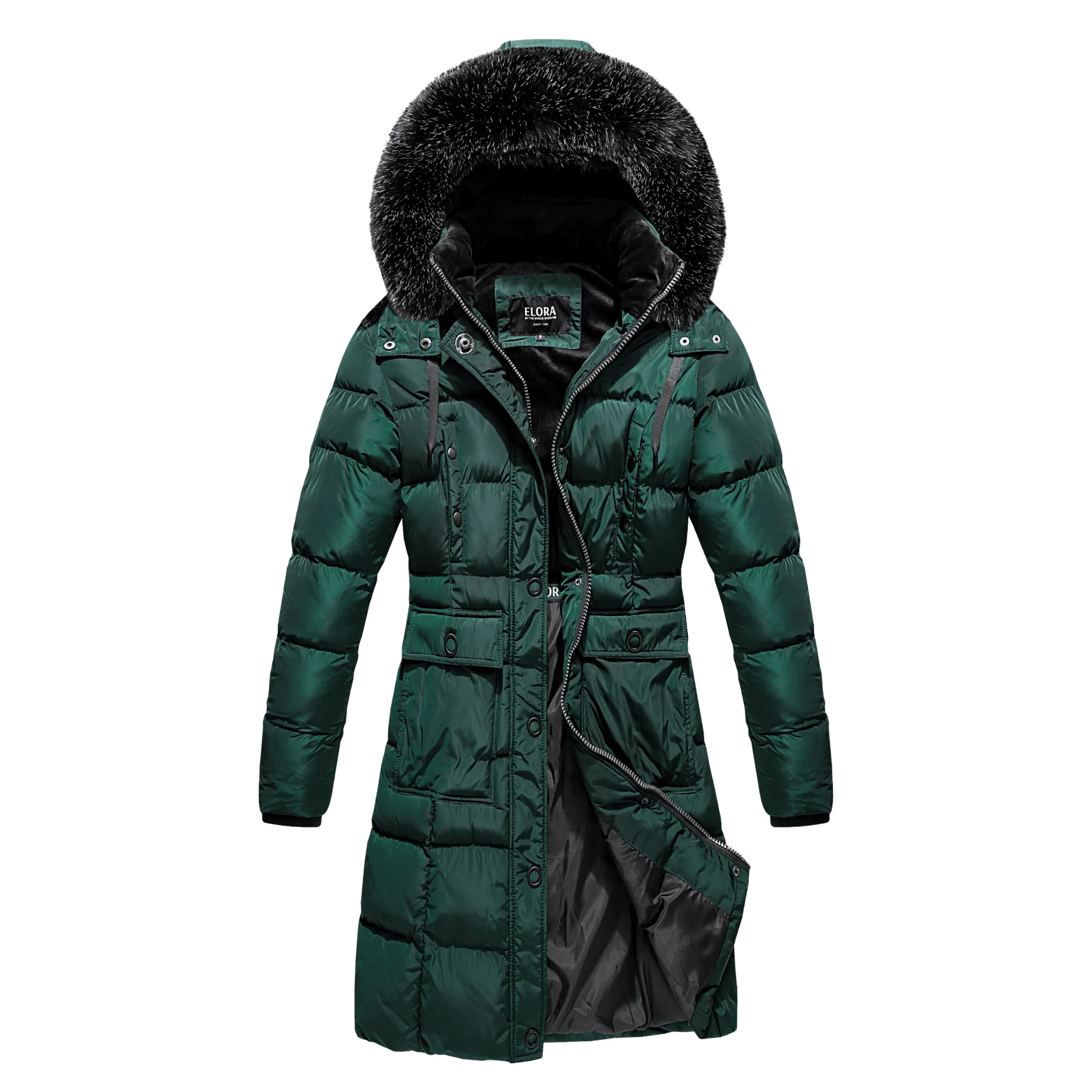 Elora Women's Winter Coat - Mid-length Cargo Coat with Detachable Hood