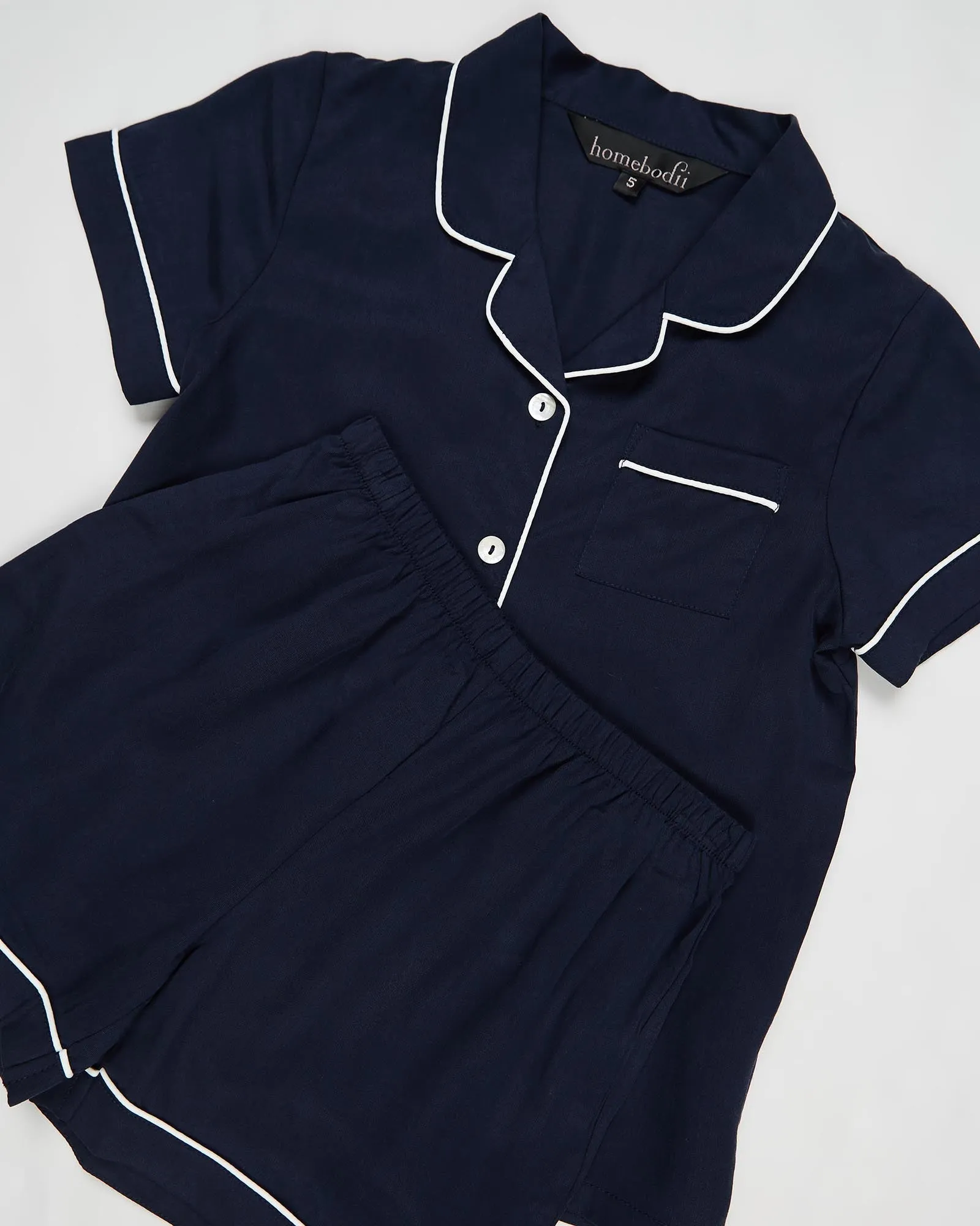 Eva Kids Short Tencel™ Pyjama Set - Navy with White Piping