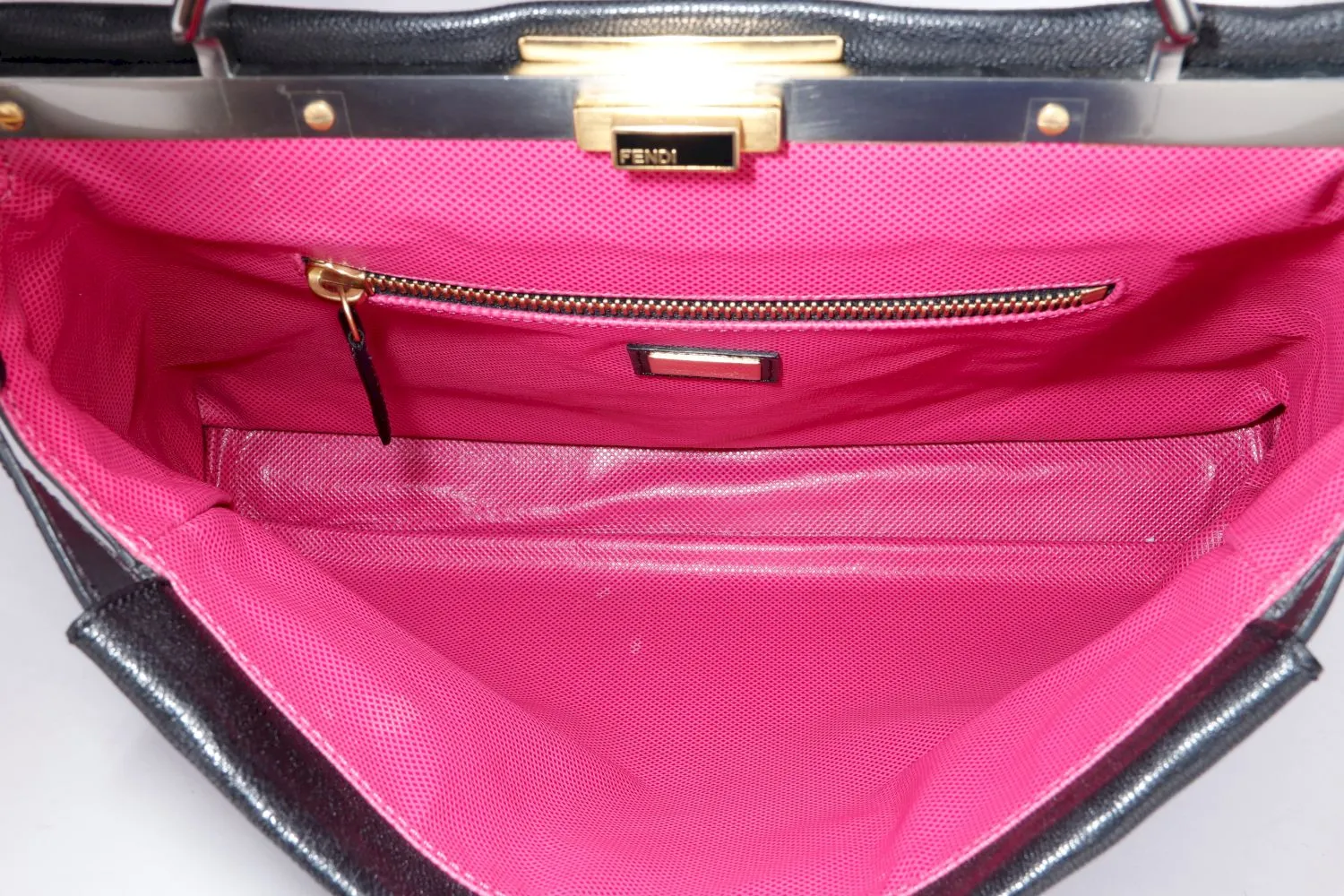 Fendi Peekaboo, Large width 40cm, Black Color Goatskin, Pink Color Inner Lining