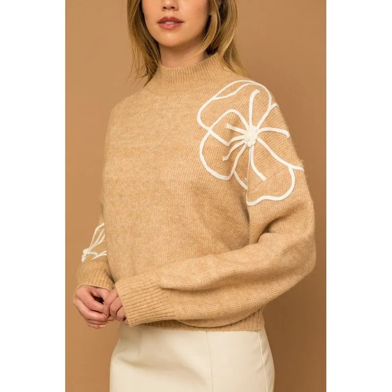 Flower Embroidery Mock Neck Sweater