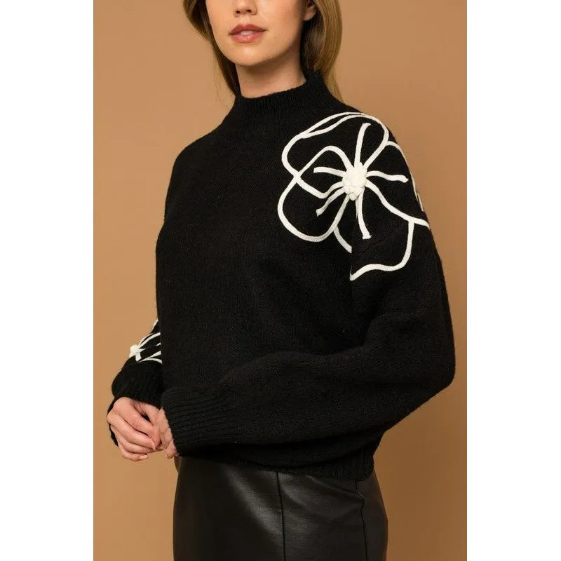 Flower Embroidery Mock Neck Sweater