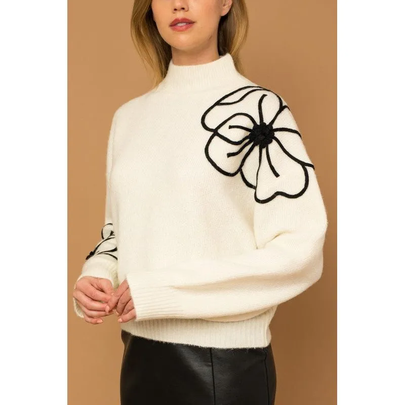 Flower Embroidery Mock Neck Sweater