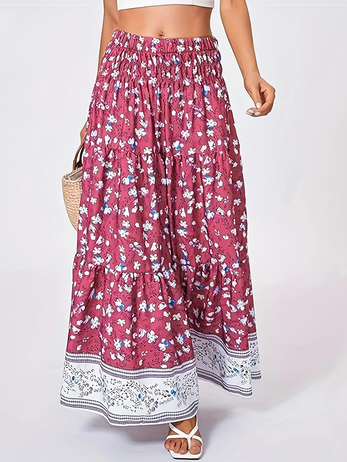 Full Size Tiered Printed Elastic Waist Skirt