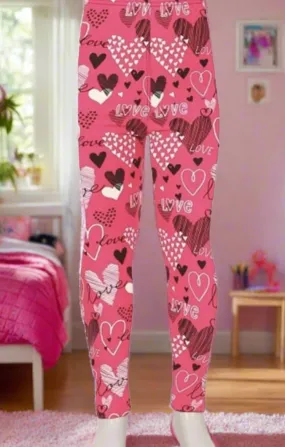 Girls Valentines Day Heart Leggings, Kids Yoga Pants, Sizes S/L, No-Roll Waist, Pink