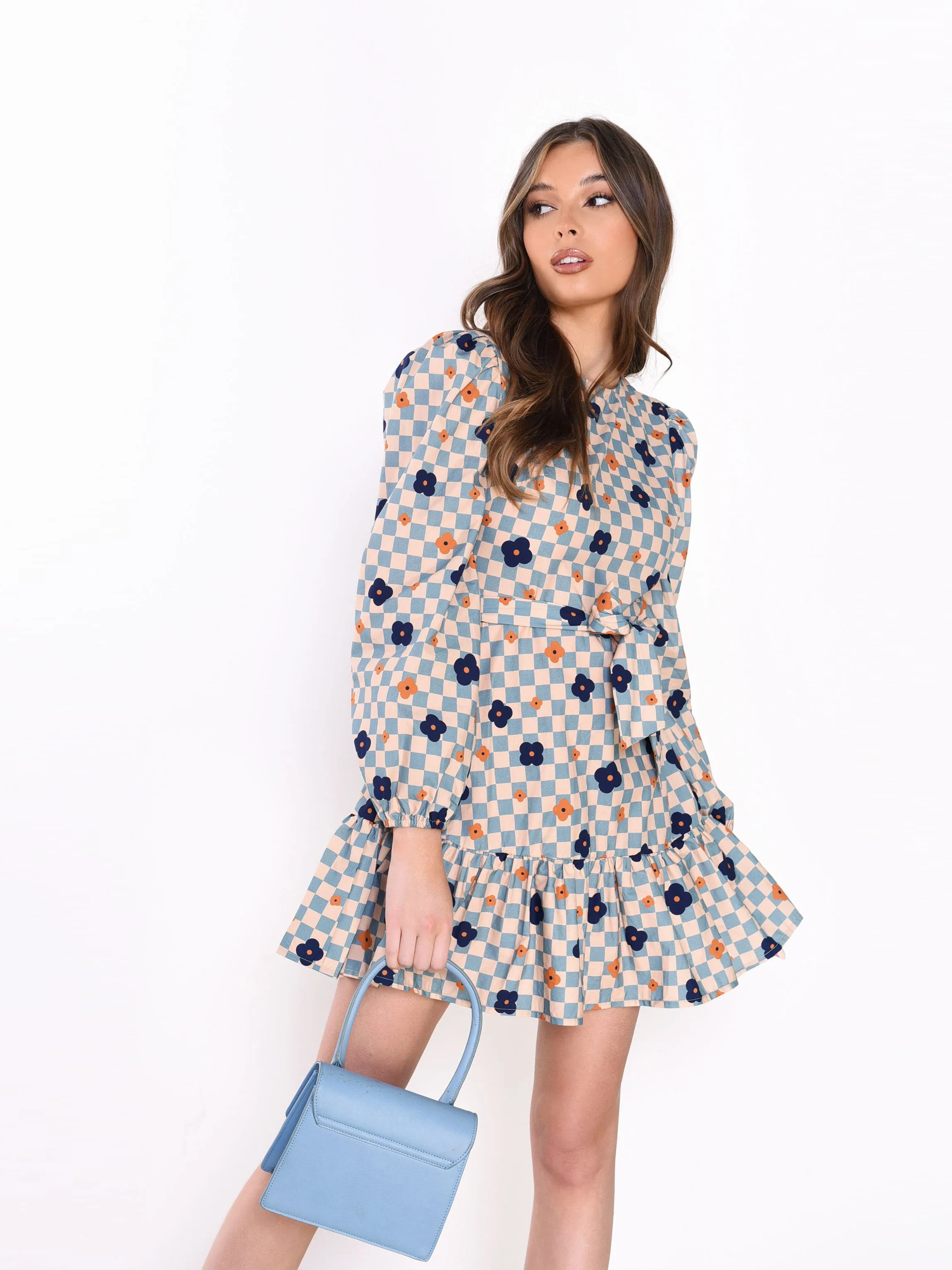 Glamorous Blue Check Flower Tie Waist Mini Dress