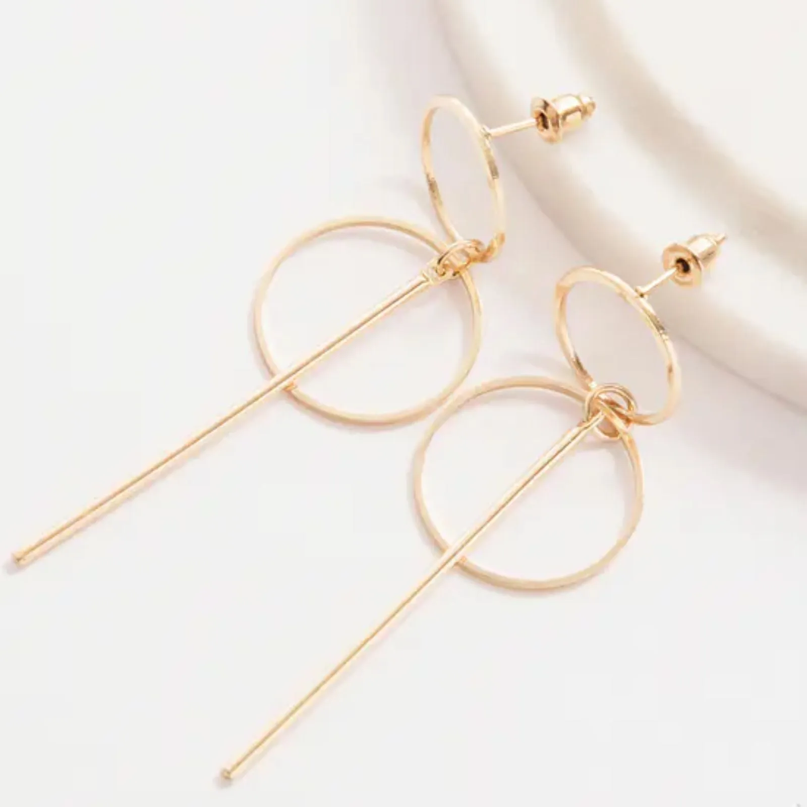 Graceful 14K Gold Plated Line and Circle Drop Earring