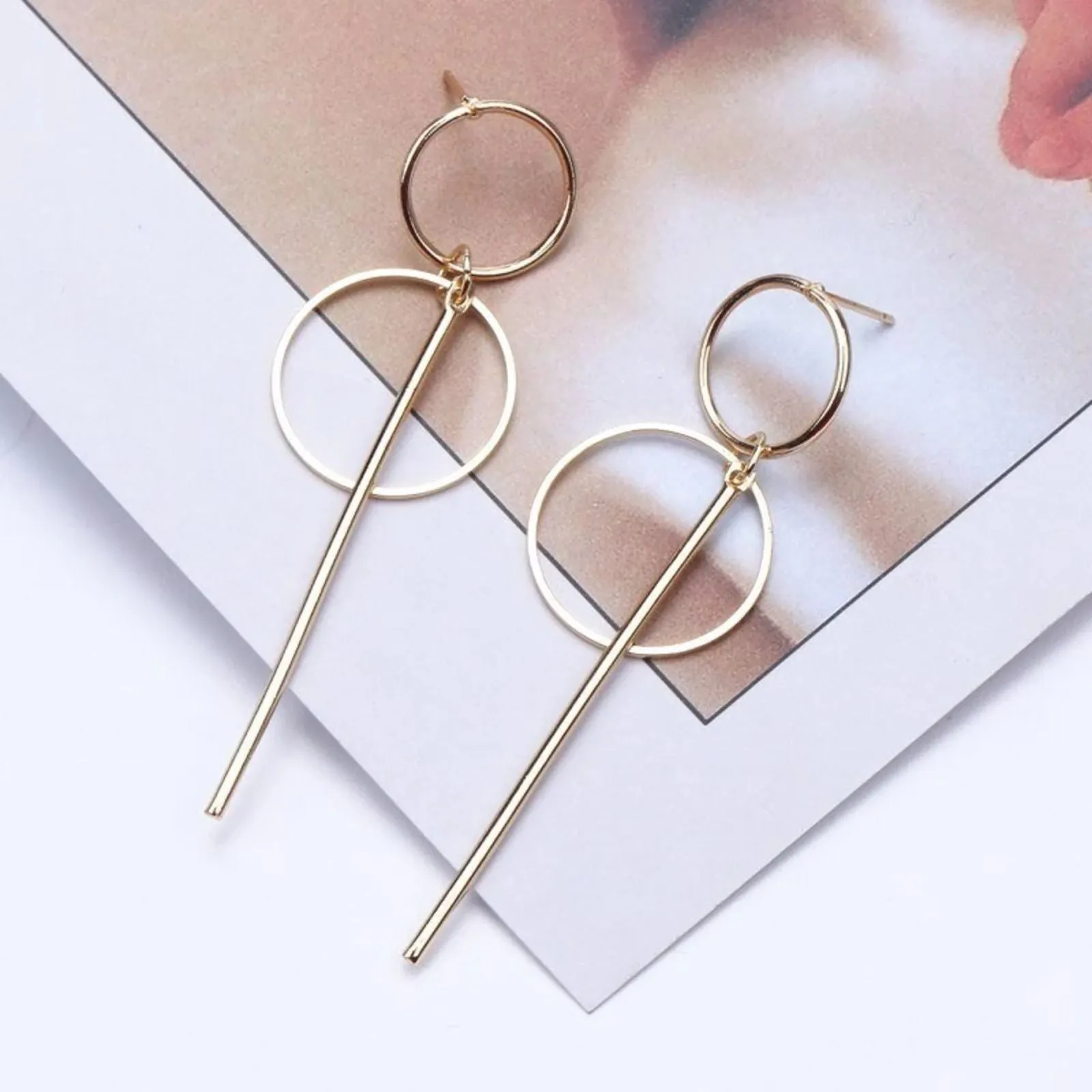 Graceful 14K Gold Plated Line and Circle Drop Earring