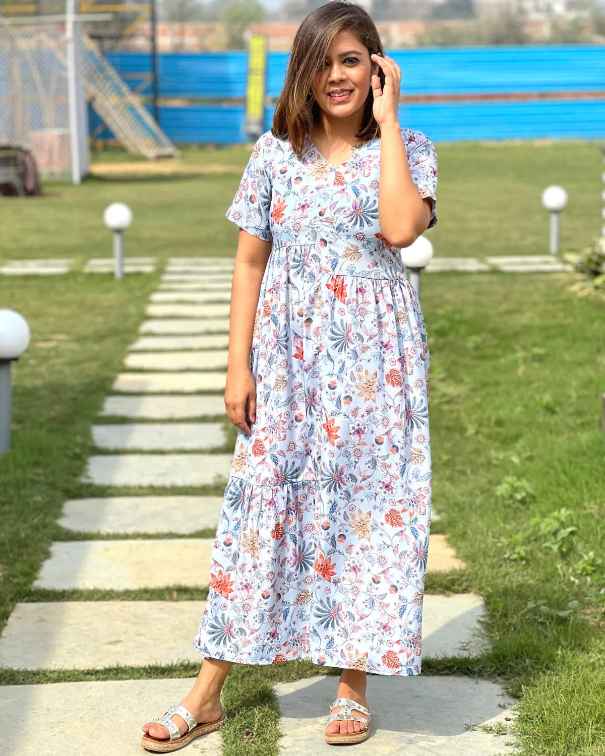 Grey Floral Printed Gathered Crepe Dress