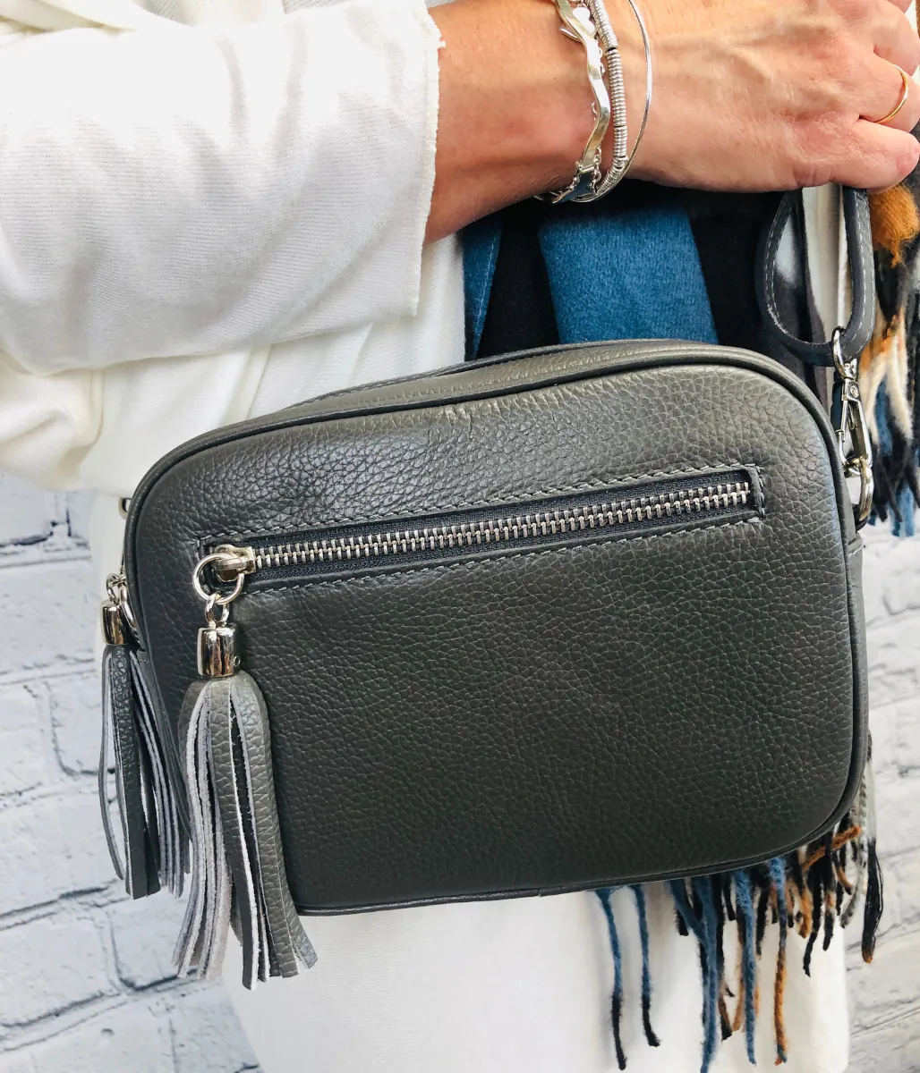 Grey Leather Tassel Crossbody Camera Bag