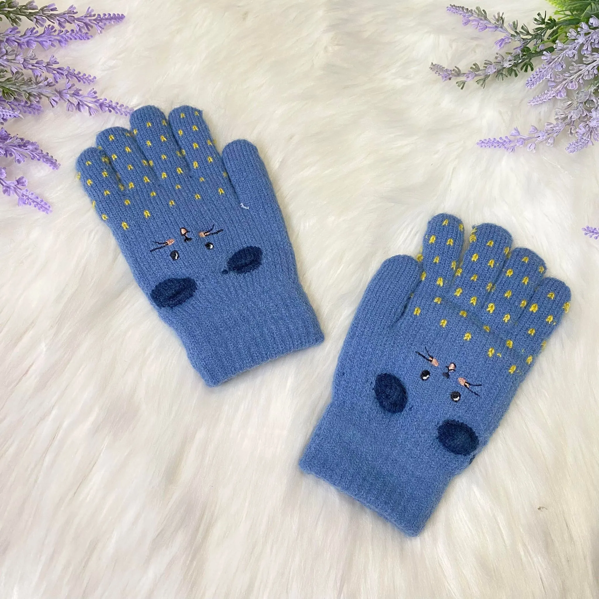 Kids Fleece Lined Knit Cat Design  Gloves