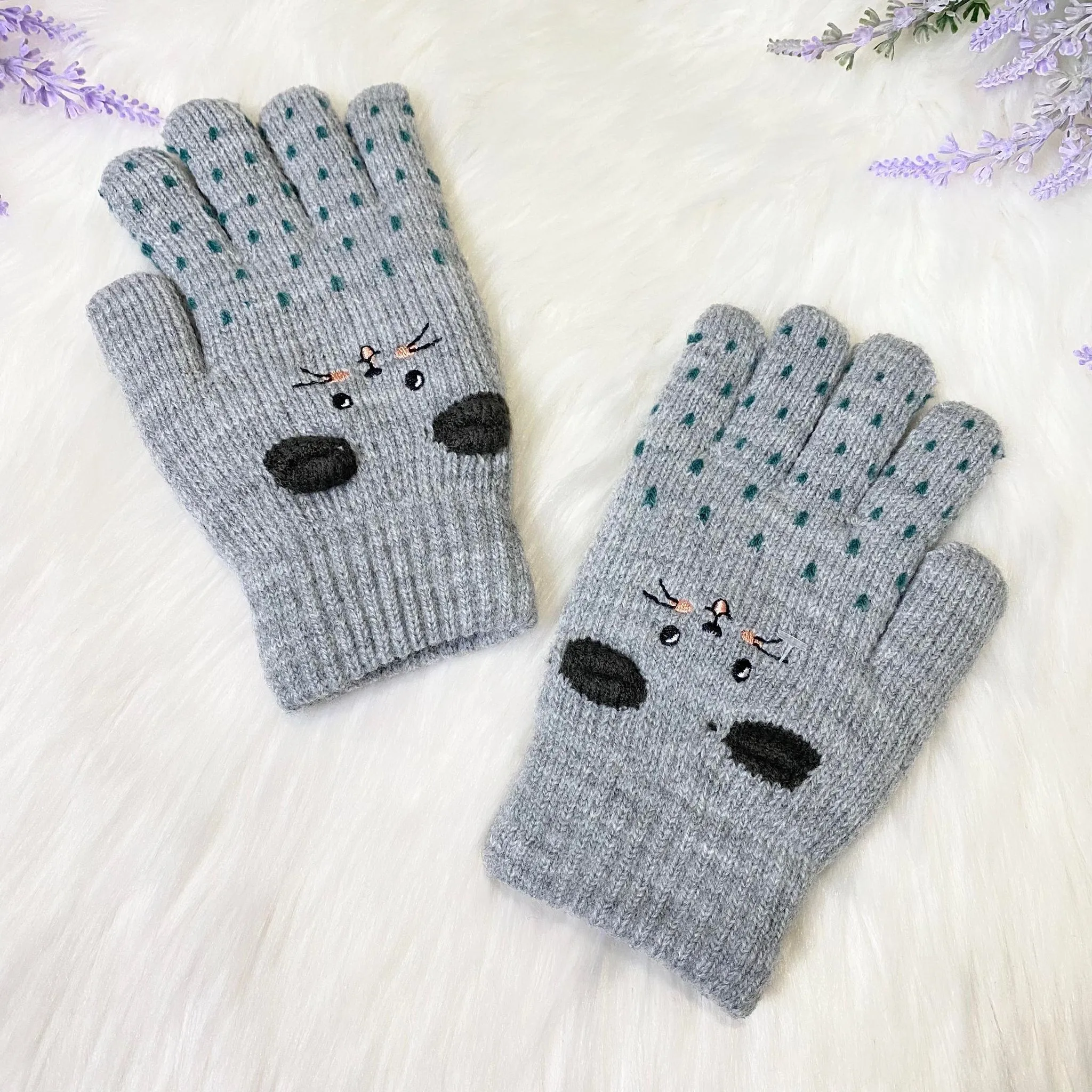 Kids Fleece Lined Knit Cat Design  Gloves