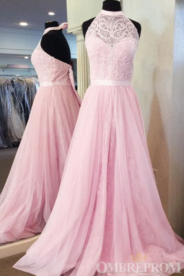 Light Pink Halter Sleeveless A Line Lace Prom Dresses