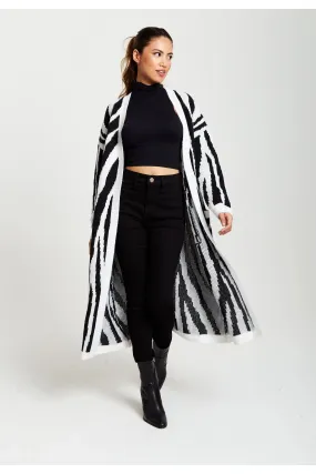 Liquorish Longline Cardigan Zebra Pattern