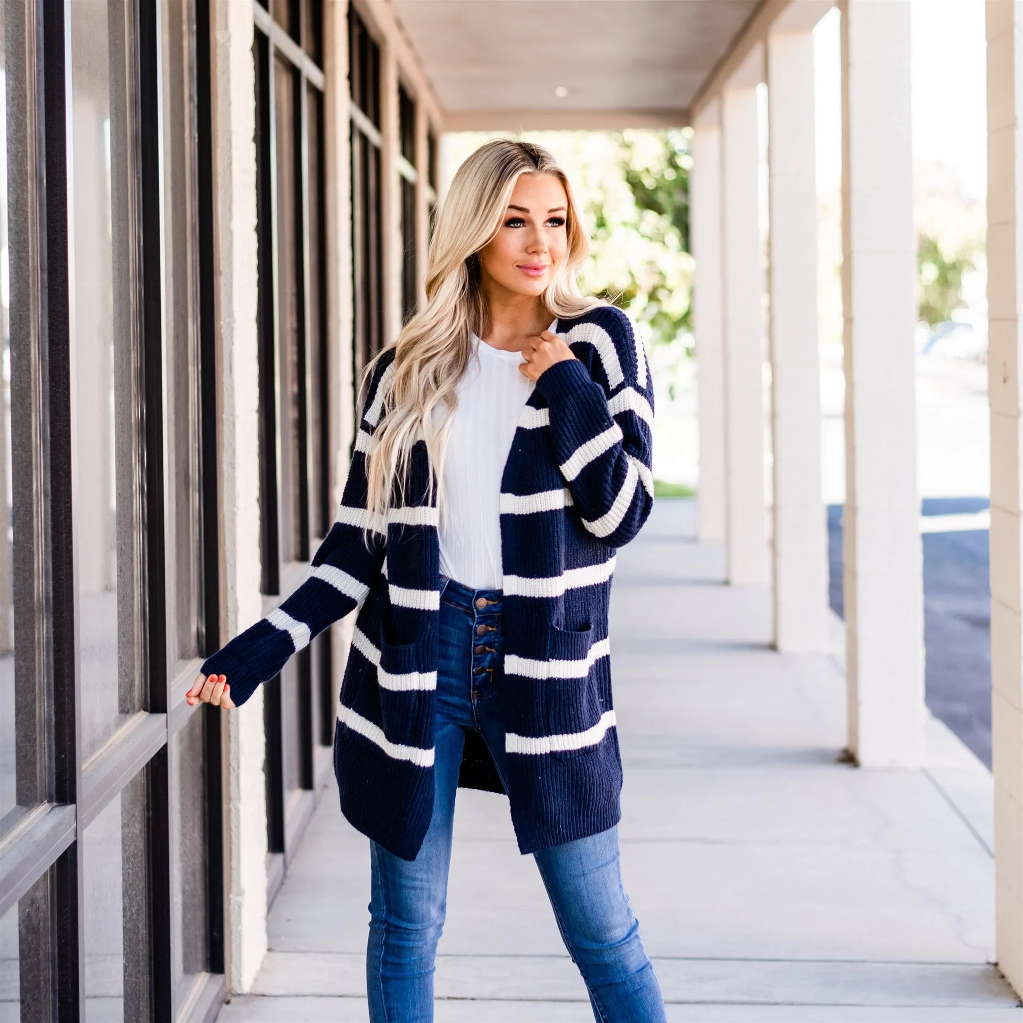 Long Cozy Striped Cardigan: Navy/Ivory