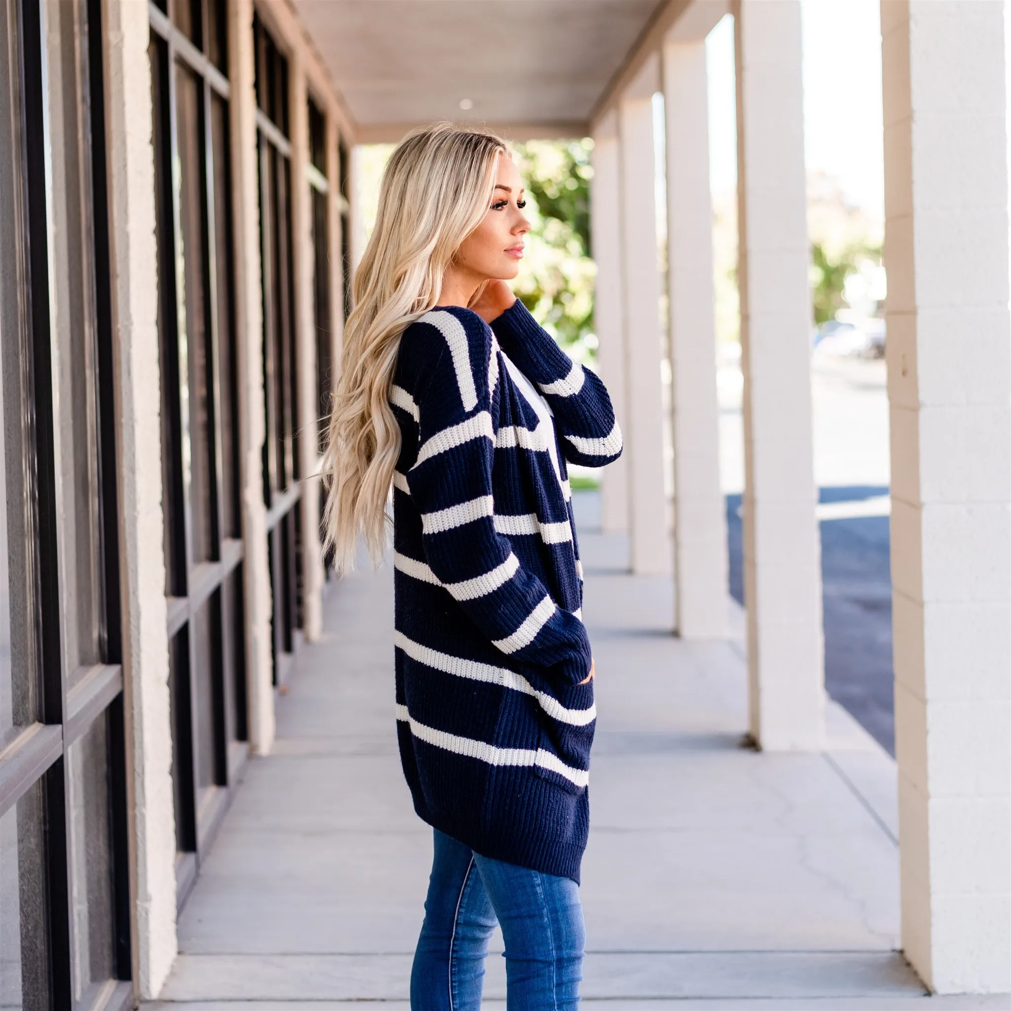 Long Cozy Striped Cardigan: Navy/Ivory