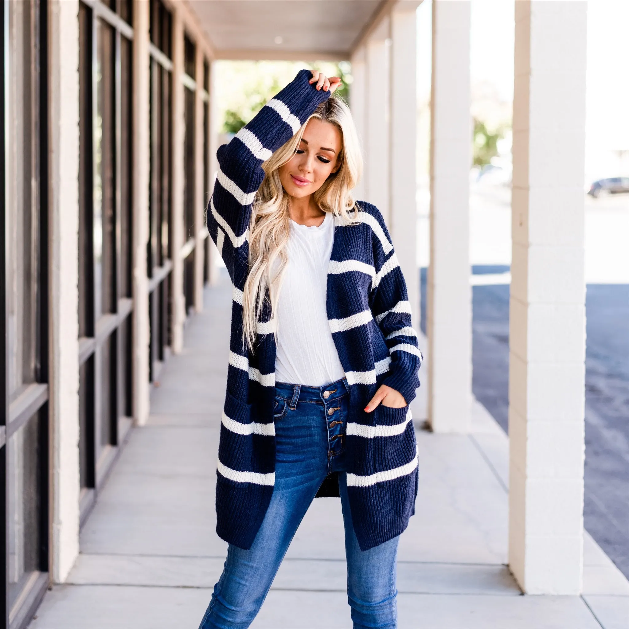 Long Cozy Striped Cardigan: Navy/Ivory