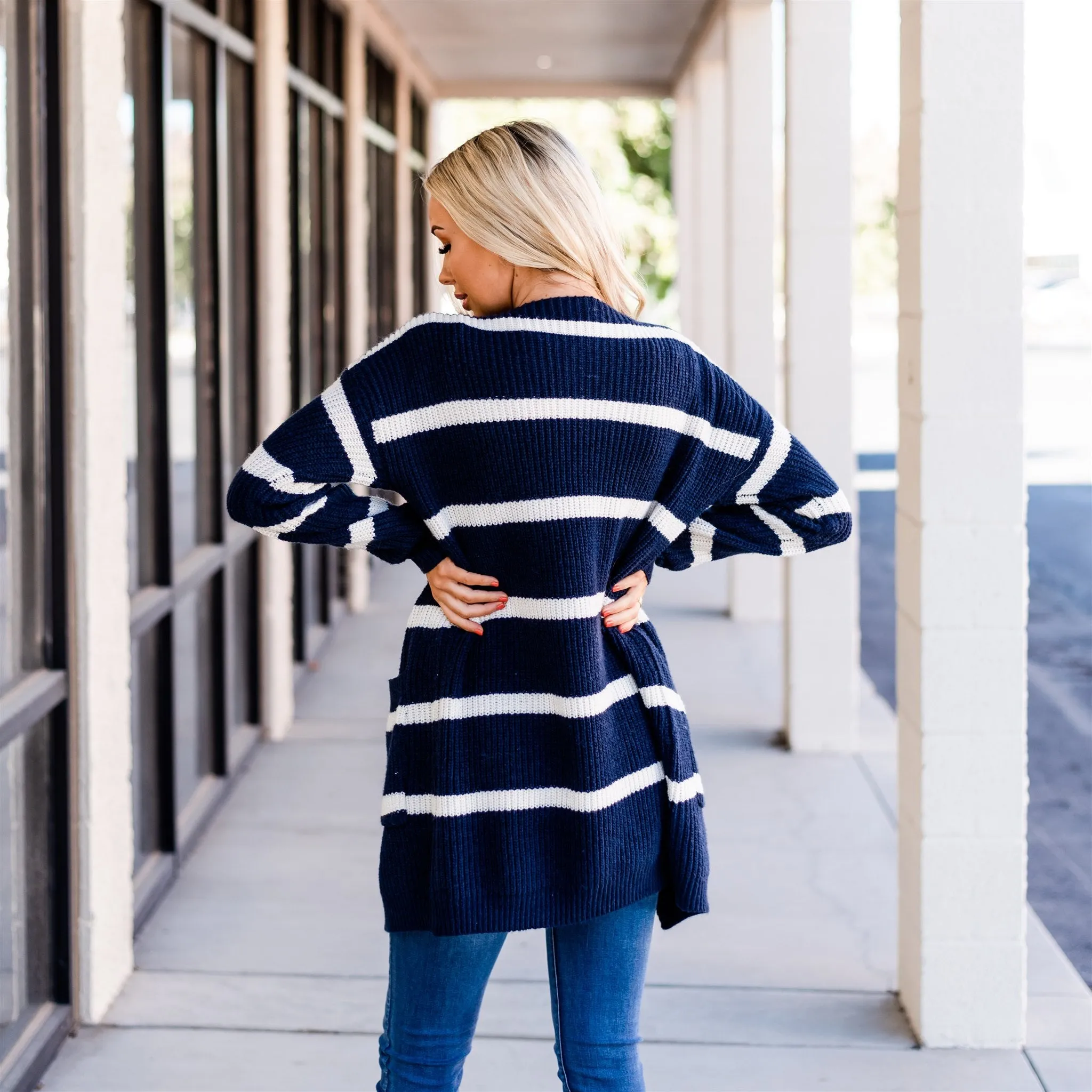 Long Cozy Striped Cardigan: Navy/Ivory