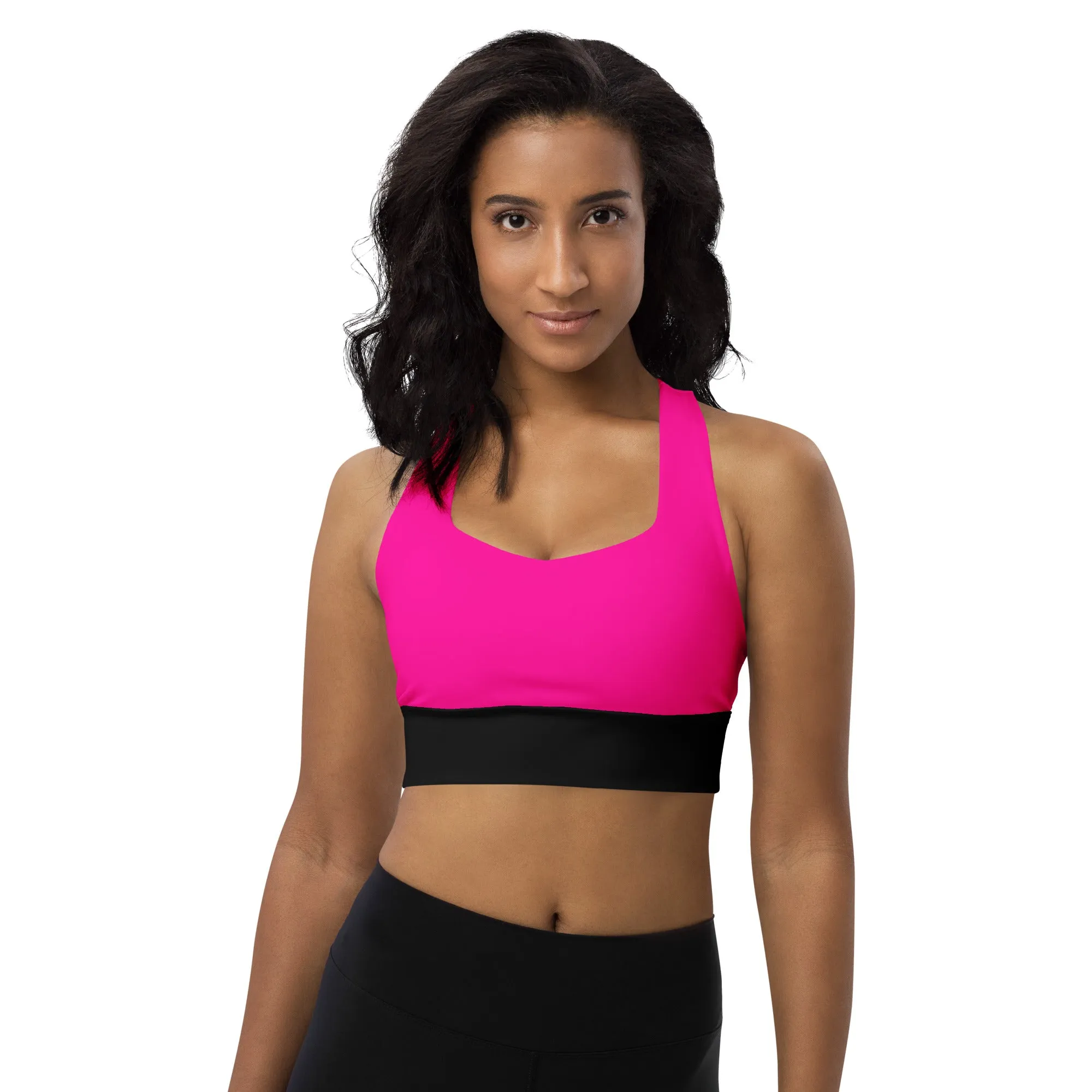 Longline sports bra Black and Neon Pink