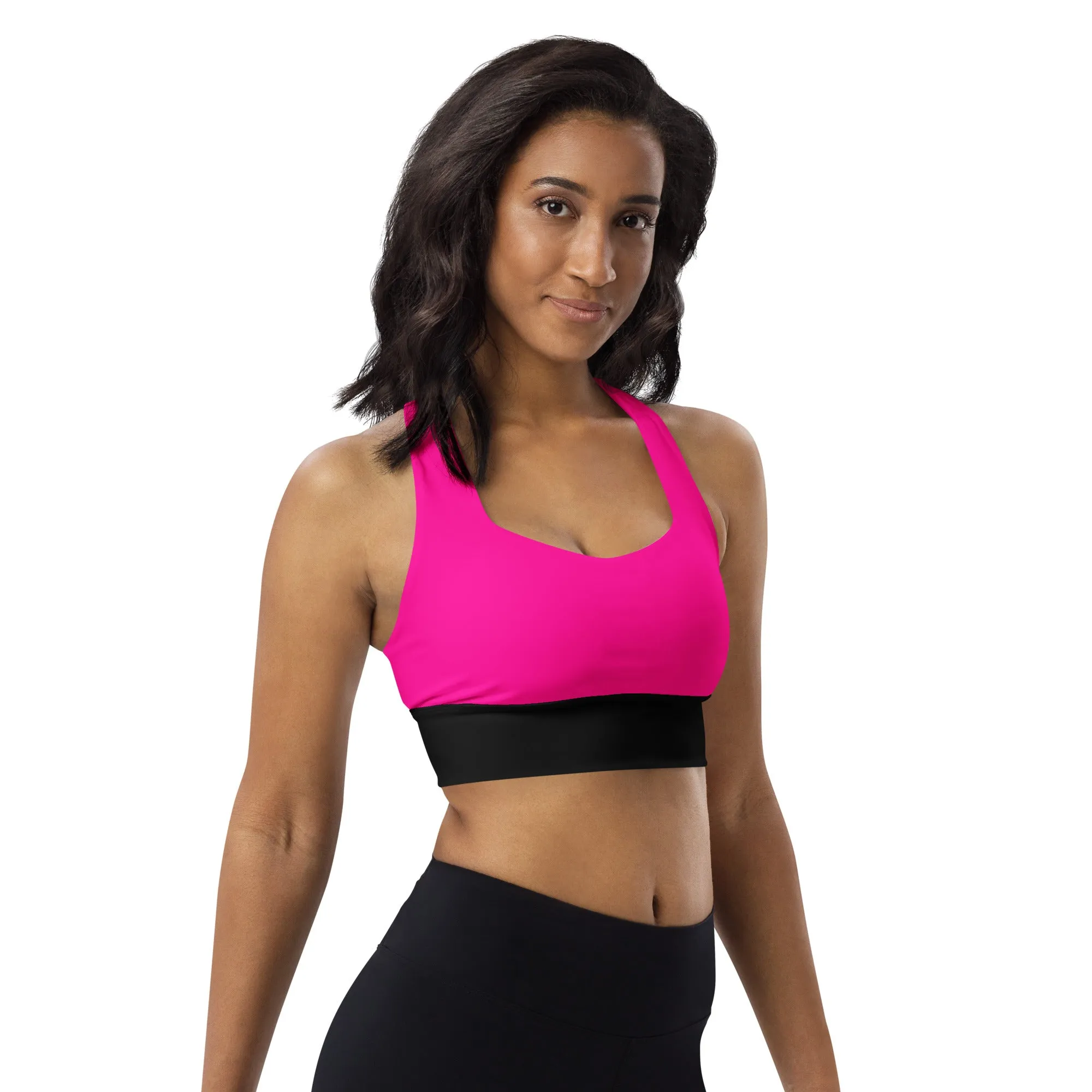 Longline sports bra Black and Neon Pink