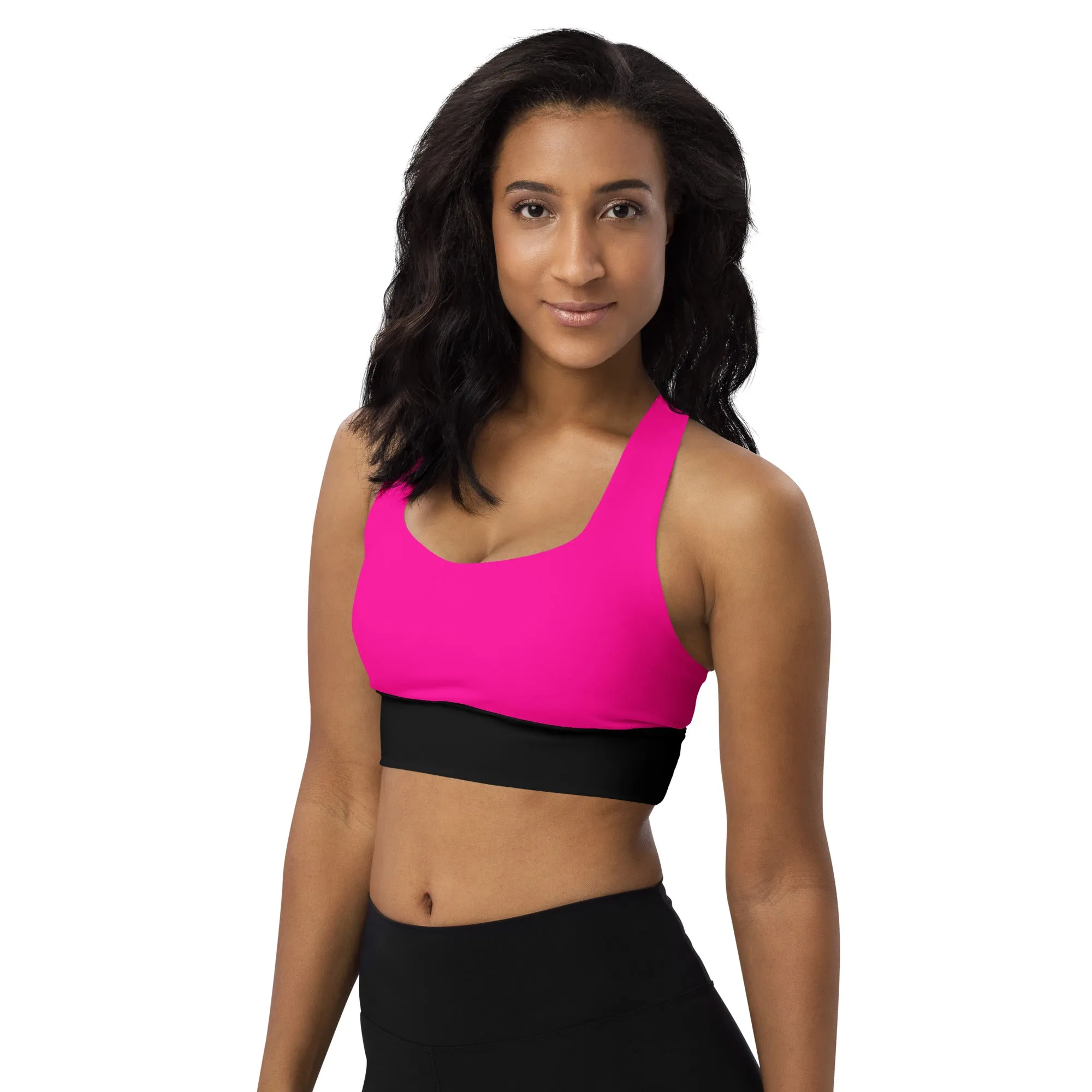 Longline sports bra Black and Neon Pink