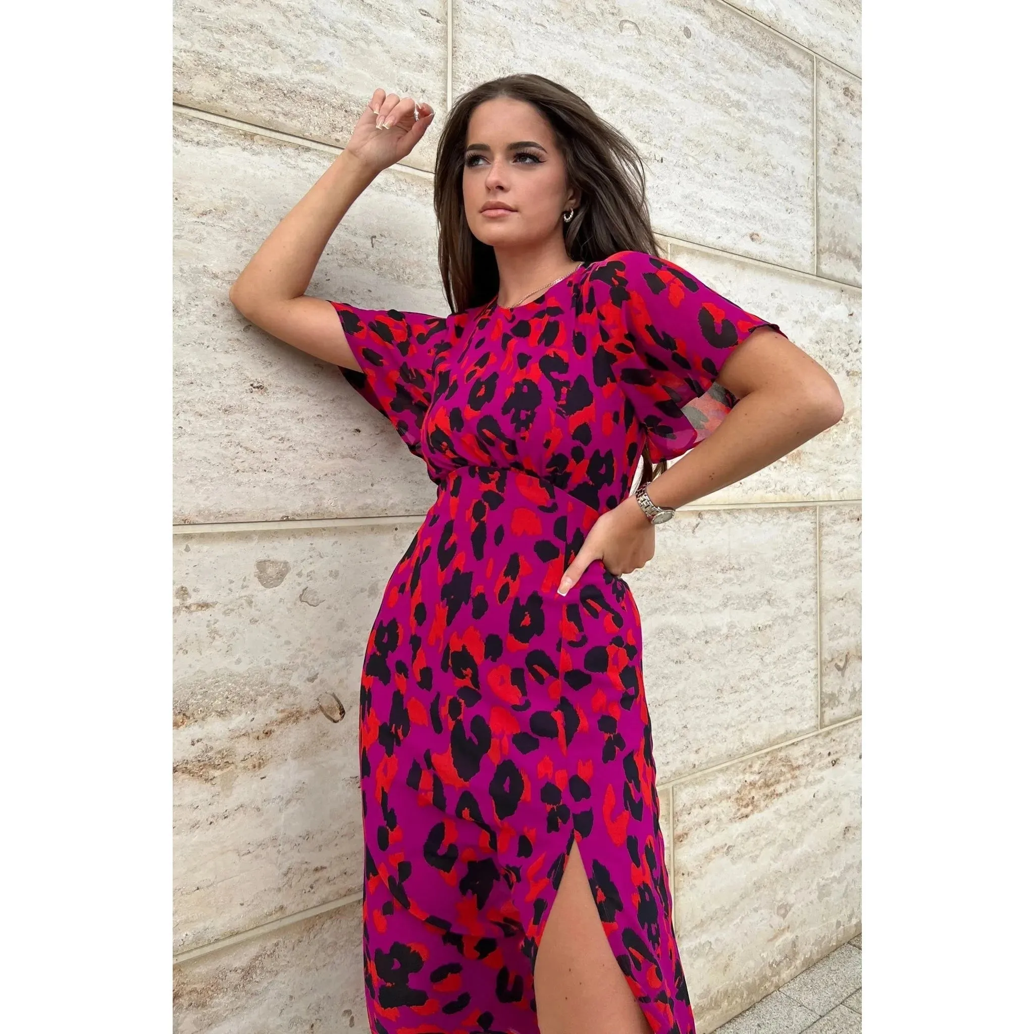 Magenta, Orange & Black Animal Print Chiffon Midi Dress